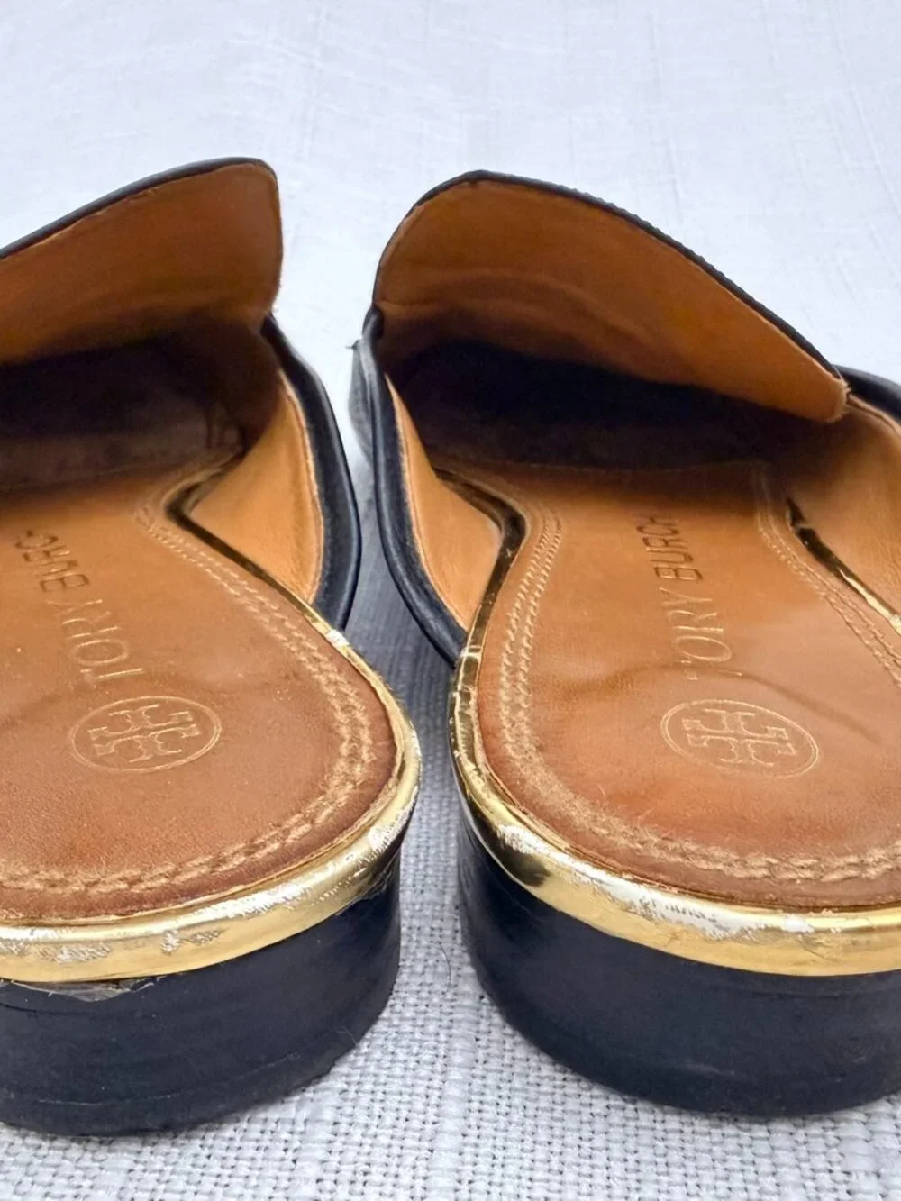 Tory Burch Black Leather Mule Slides Gold Horse Hardware Loafers